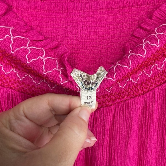 One World Womens 1X Pull-On Wide Leg Pants Bright Pink Crinkle Gauze Embroidered - Picture 4 of 8